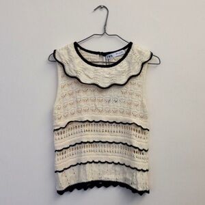 Zara Cream and Black Crew Neck Crochet Sweater